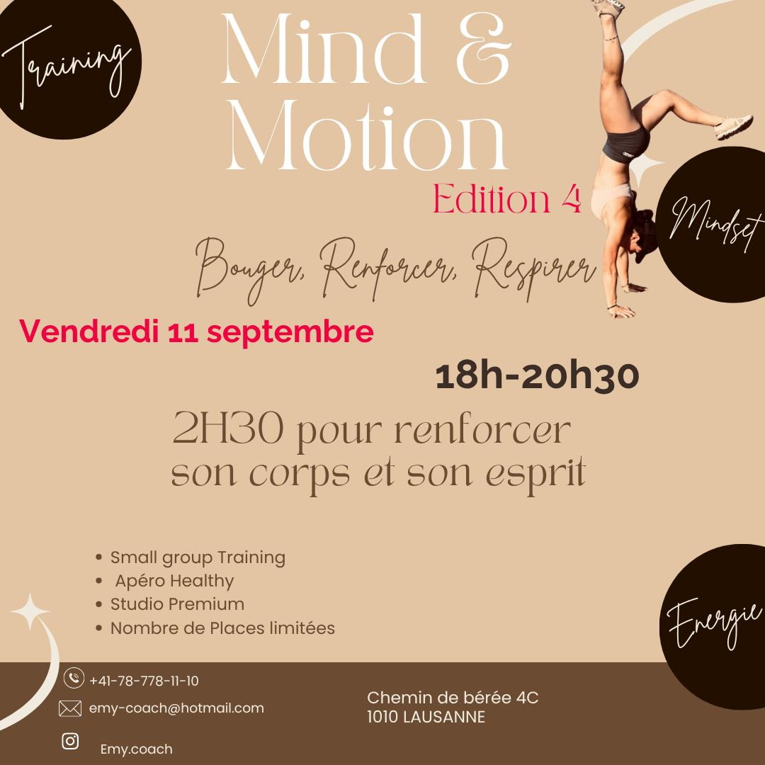 Affiche Mind & Motion édition 4, sur fond beige : le titre en grandes lettres, la mention Bouger, Renforcer, Respirer, et une personne en équilibre sur les mains
