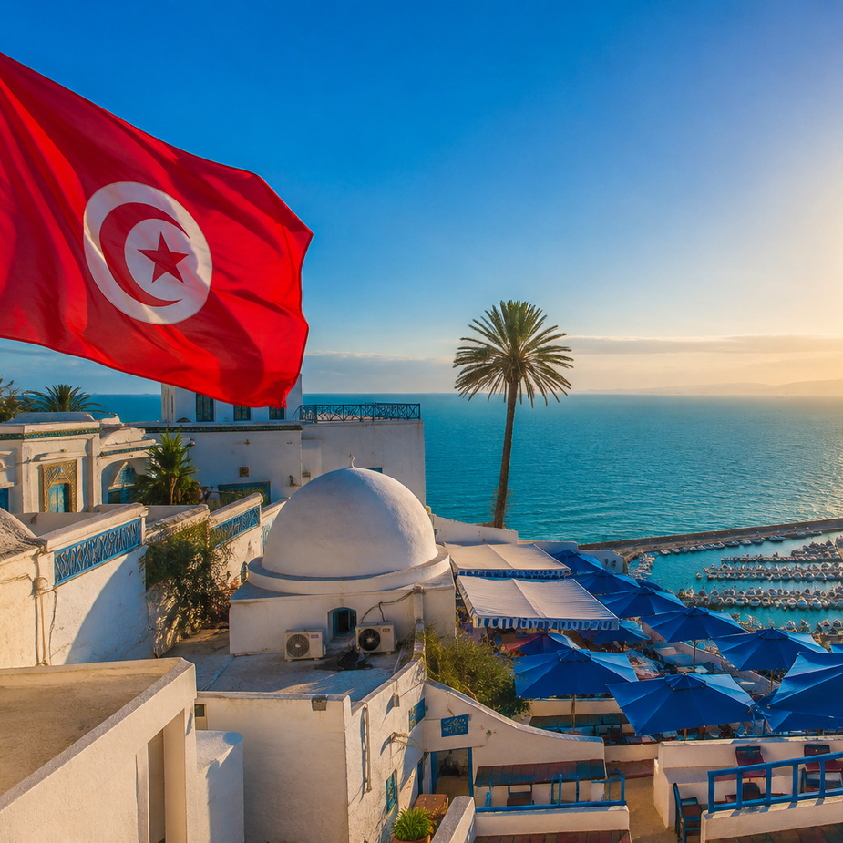 Le drapeau tunisien flottant au-dessus des maisons blanches de Sidi Bou Saïd, un palmier et le golfe de Tunis